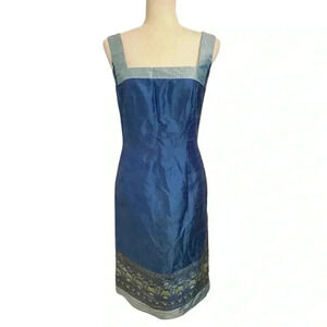 Paule Vasseur Blue Silk Sheath Embroidered Dress